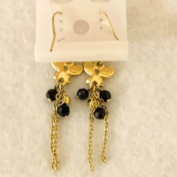 Gold Tone Dangle Earrings with Black Beads and Rhinestone Butterfly - Picture 3 of 4